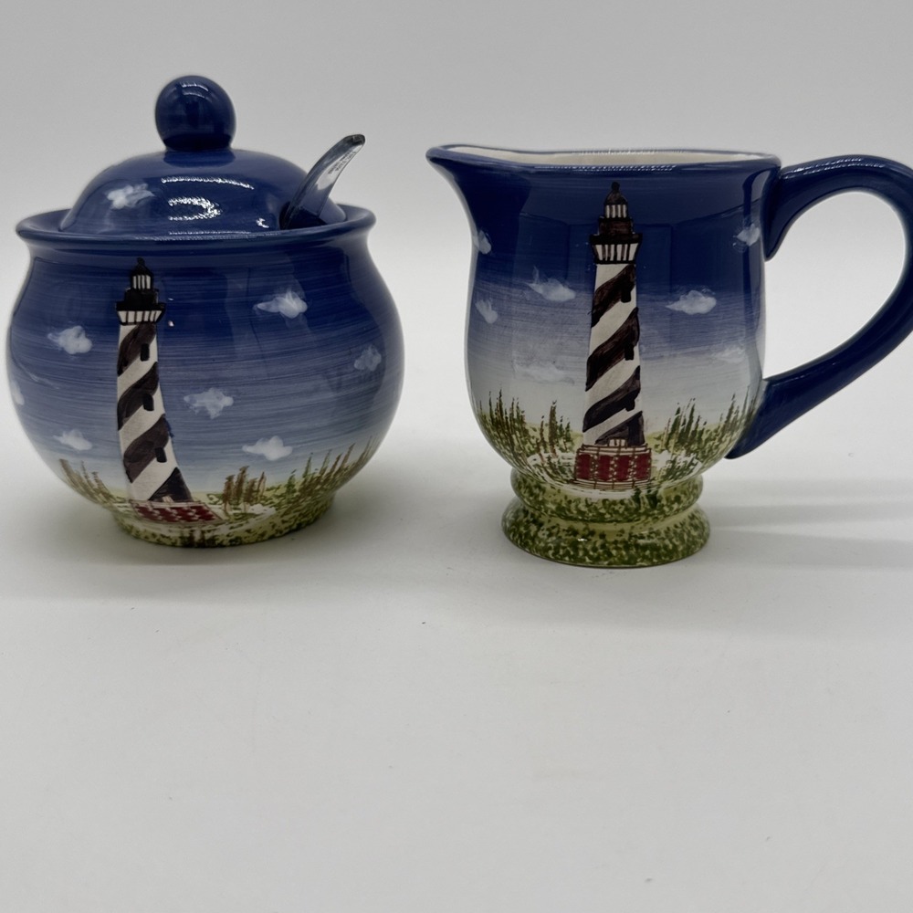 Distinctively Lefton Vintage Hand Painted Sugar & Creamer Lighthouse Coastal